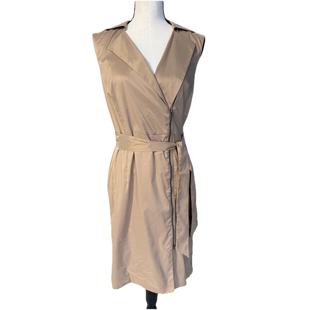 Ann Taylor Women’s Tan Sleeveless Wrap Dress Belted Zip Detail Size 6